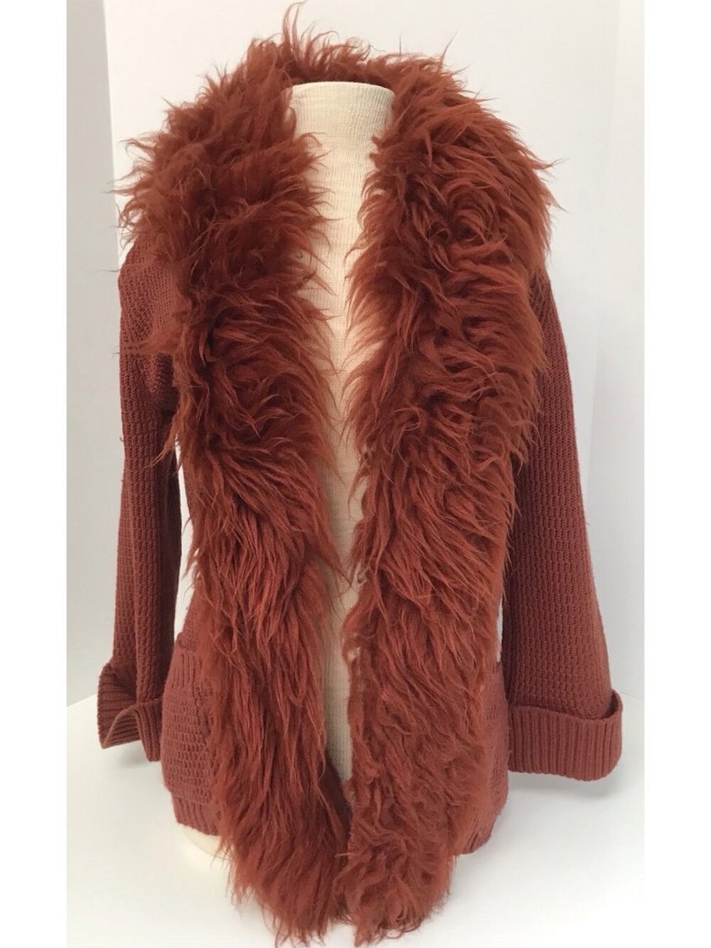 Vintage Rust Red Wool Cardigan Shaggy Faux Fur Trim Jane Justin Don Sports SMALL